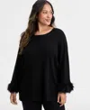 Anne Klein Plus Size Feather-cuff Long-sleeve Sweater In Black