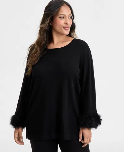 Anne Klein Plus Size Feather-cuff Long-sleeve Sweater In Black