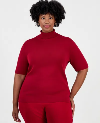 Anne Klein Plus Size Fitted Half-sleeve Turtleneck Sweater In Red