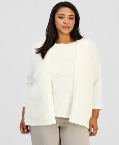Anne Klein Plus Size Floral Applique Cardigan Sweater In White