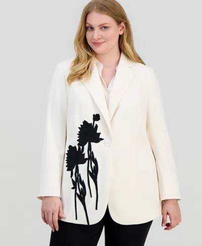 Anne Klein Plus Size Floral Applique Notched Collar Blazer In White