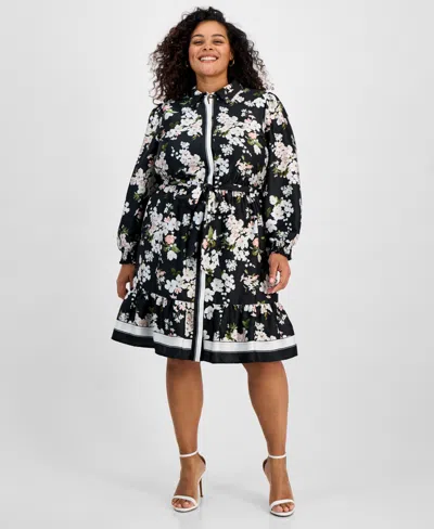Anne Klein Floral Long Sleeve Shirtdress In Black