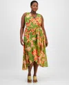 Anne Klein Plus Size Floral Chiffon High-low Dress In Green