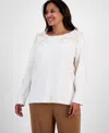 Anne Klein Plus Size Floral-embellished Boat-neck Sweater In White