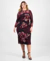 Anne Klein Plus Size Floral Mesh Side-ruched Midi Dress In Brown