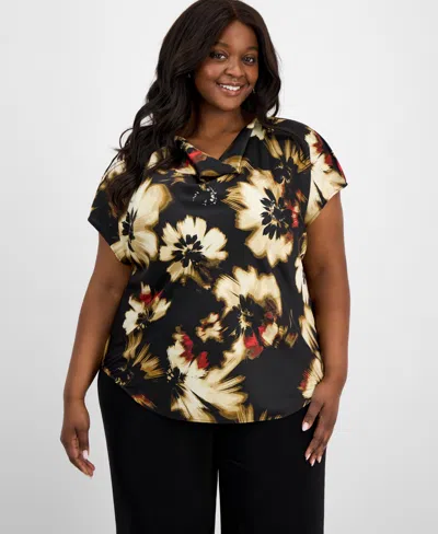 Anne Klein Plus Size Floral-print Cap-sleeve Top In Multi
