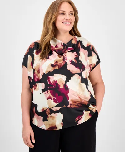 Anne Klein Plus Size Floral-print Cowlneck Top In Multi