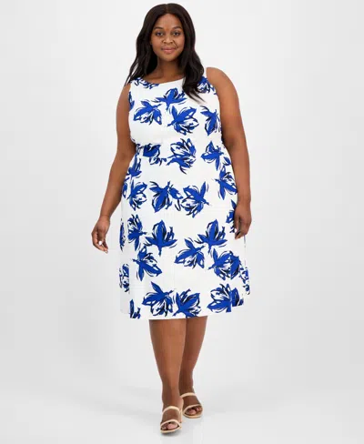 ANNE KLEIN PLUS SIZE FLORAL-PRINT LINEN-BLEND FIT & FLARE DRESS