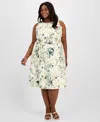 Anne Klein Plus Size Floral-print Linen-blend Fit & Flare Dress In White Dove Multi