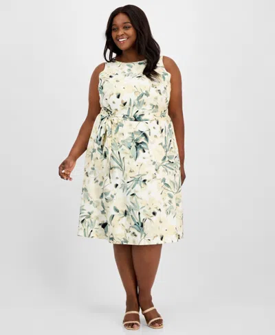 Anne Klein Plus Size Floral-print Linen-blend Fit & Flare Dress In White Dove Multi