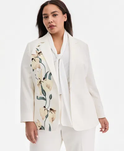 Anne Klein Plus Size Floral-print One-button Blazer In White