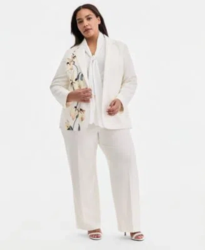 Anne Klein Plus Size Floral Print One Button Blazer Pull On Flap Pocket Pants In Soft Aloe