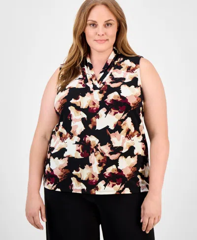 Anne Klein Plus Size Floral-print Sleeve Top In Black