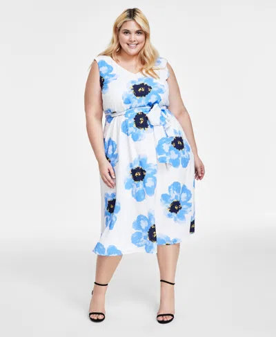 Anne Klein Plus Size Floral Print Sleeveless Midi Dress In Bright White,shore Blue