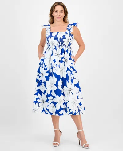 Anne Klein Plus Size Floral-print Smocked Ruffled-sleeve Cotton Midi Dress In Palace Blue Multi