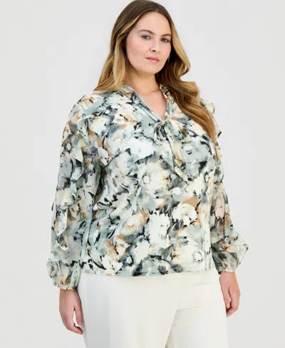 Anne Klein Plus Size Floral Ruffle-sleeve Tie-neck Blouse In Multi