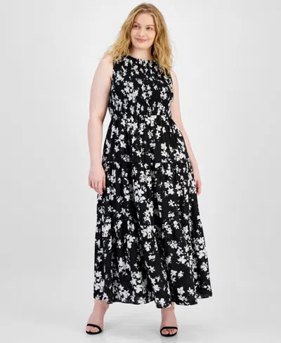 Anne Klein Plus Size Floral Smocked-bodice Maxi Dress In Anne Black,bright White
