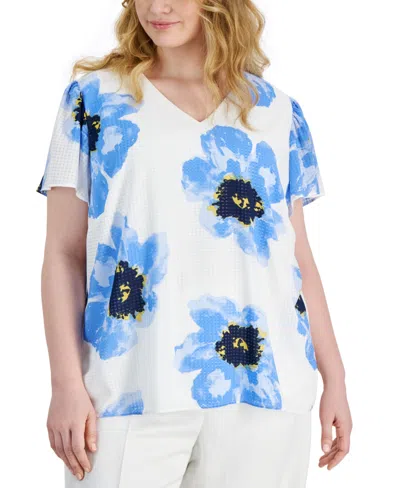 Anne Klein Plus Size Floral V-neck Flutter-sleeve Top In Bright White,shore Blue