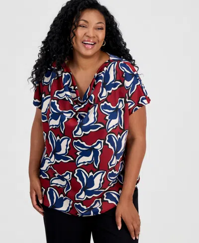 Anne Klein Plus Size Floral-print Cowl-neck Blouse In Multi