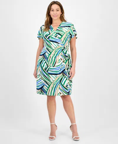 Anne Klein Plus Size Flutter-sleeve Classic Faux-wrap Dress In Green