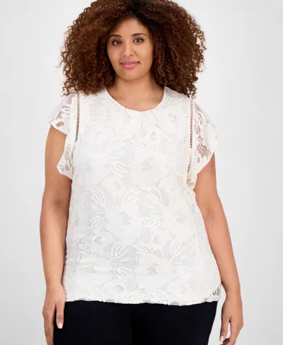 Anne Klein Plus Size Flutter-sleeve Lace Overlay Blouse In White Dove
