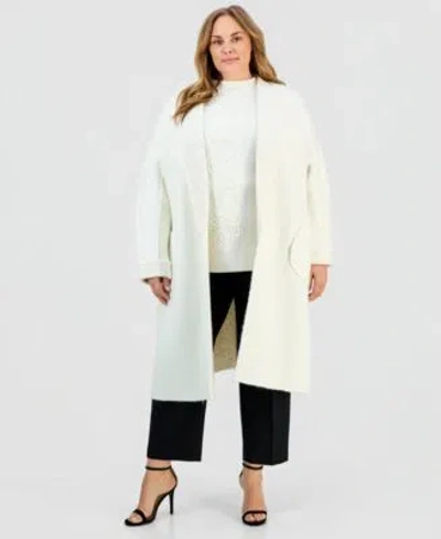 Anne Klein Plus Size Front Pocket Long Cardigan Soutache Embroidered Sweater In White
