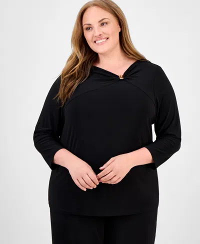 Anne Klein Plus Size Gathered-front Top In Black