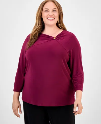 Anne Klein Plus Size Gathered-front Top In Burgundy