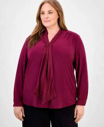Anne Klein Plus Size Gathered V-neck Top In Burgundy