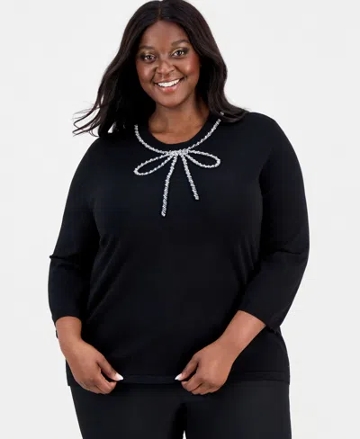 Anne Klein Plus Size Glitz Bow 3/4-sleeve Sweater In Black