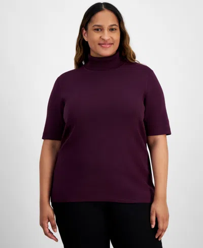 Anne Klein Turtleneck Short Sleeve Rib Sweater In Deep Plum