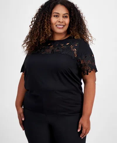 Anne Klein Plus Size Harmony Lace Applique Top In Anne Black