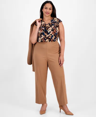 Anne Klein Plus Size High-rise Pull-on Straight-leg Ankle Pants In Brown