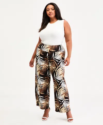 Anne Klein Plus Size Extended Shoulder Side Tie Top High Rise Pull On Wide Leg Pants In Multi