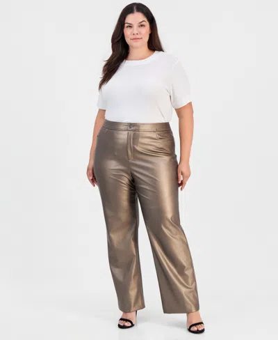 Anne Klein Plus Size High-waist Metallic Bootcut Pants In Natural Clay Metallic