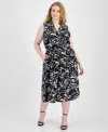 Anne Klein Womens Printed Polyester Midi Dress In Blue Jay,anne Black Multi