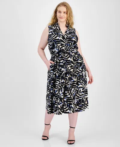 Anne Klein Plus Size Jenna Drawstring Maxi Dress In Blue Jay,anne Black Multi
