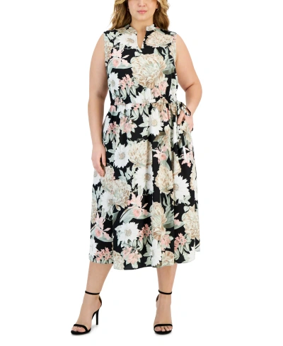 Anne Klein Plus Size Jenna Floral Drawstring-waist Dress In Black,crema Multi