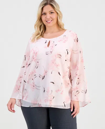 Anne Klein Plus Size Keyhole-front Printed Blouse In Pink