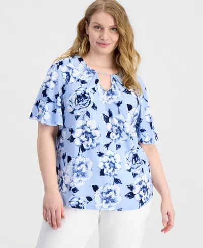 Anne Klein Plus Size Keyhole-neck Short-sleeve Top In Blue