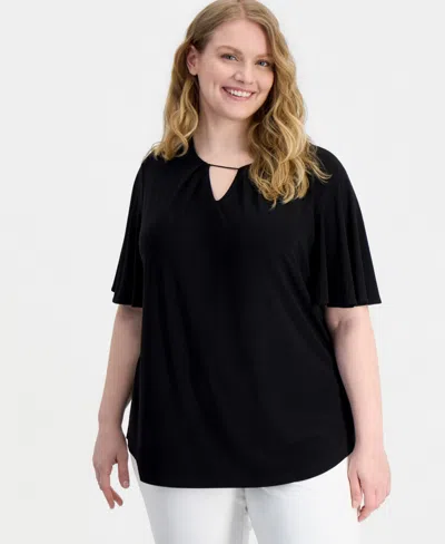 Anne Klein Plus Size Keyhole-neck Short-sleeve Top In Black