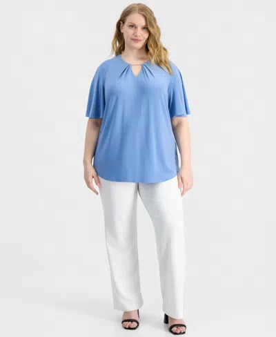 Anne Klein Plus Size Keyhole-neck Short-sleeve Top In Blue