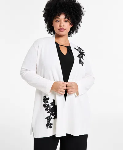 Anne Klein Plus Size Lace-applique Open-front Cardigan In White Dove,anne Black