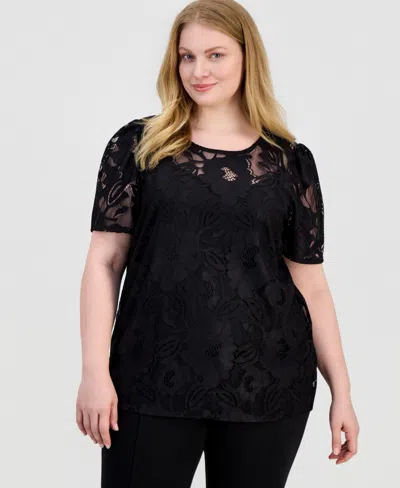 Anne Klein Plus Size Lace Short-sleeve Top In Black