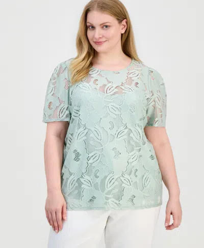 Anne Klein Plus Size Lace Short-sleeve Top In Green