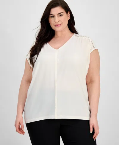 Anne Klein Plus Size Lace-trim V-neck Cap-sleeve Top In White