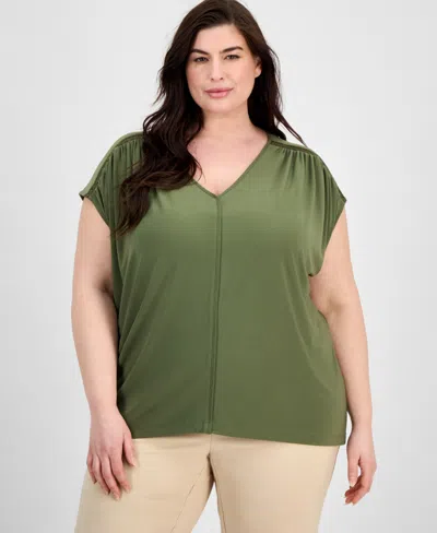 Anne Klein Plus Size Lace-trim V-neck Cap-sleeve Top In Green