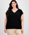 Anne Klein Plus Size Lace-trim V-neck Cap-sleeve Top In Black