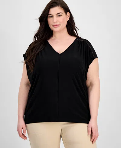 Anne Klein Plus Size Lace-trim V-neck Cap-sleeve Top In Black