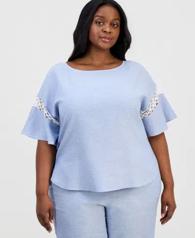 Anne Klein Plus Size Lace-trim Flutter-sleeve Top In Blue